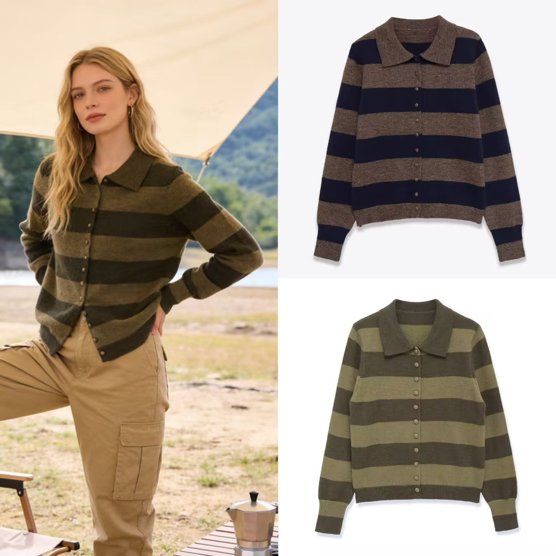 Women's Striped Cardigan with Polo Collar and Button Placket Mune Fashion