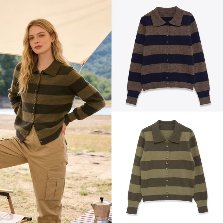 Women's Striped Cardigan with Polo Collar and Button Placket Mune Fashion