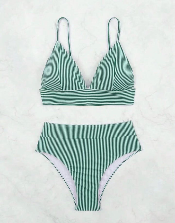 Ladies High-Waisted Bikini with Elegant Stripe Pattern Mune Fashion
