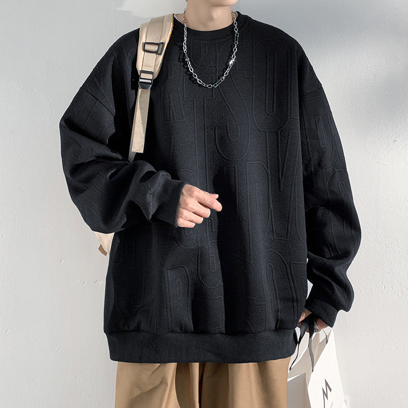 Men's Oversized Structured Knit Sweatshirt with Embossed Tone-on-Tone Lettering Mune Fashion