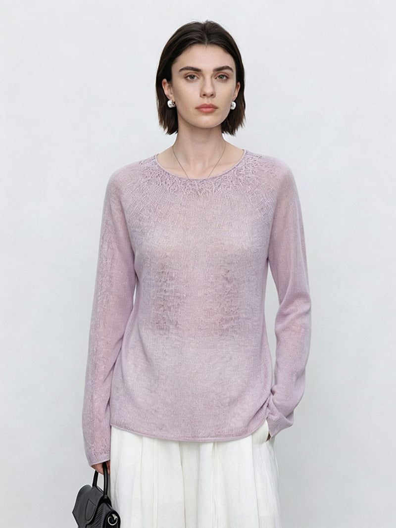 Women's Fine Round Neck Sweater with Lace Knit Detail Mune Fashion