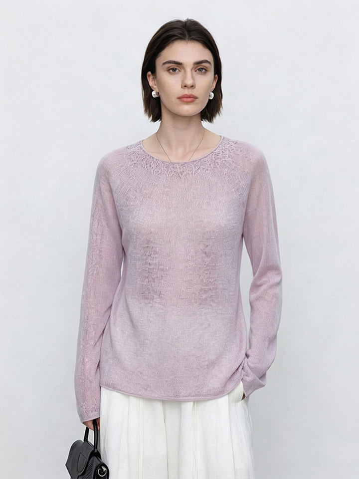 Women's Fine Round Neck Sweater with Lace Knit Detail Mune Fashion