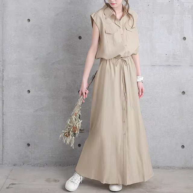 Ladies long shirt dress with drawstring waist and patch chest pockets Mune Fashion