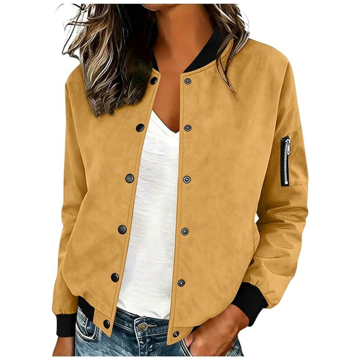 Women's Lightweight Bomber Jacket with Snap Buttons and Arm Pocket Mune Fashion
