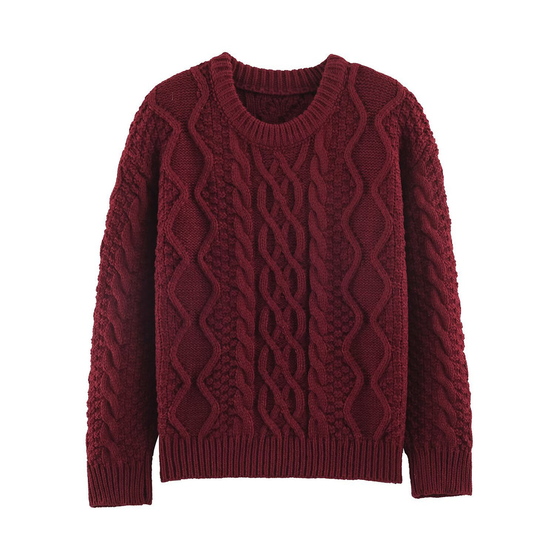 Women's chunky braided knit sweater with round neck and texture mix Mune Fashion