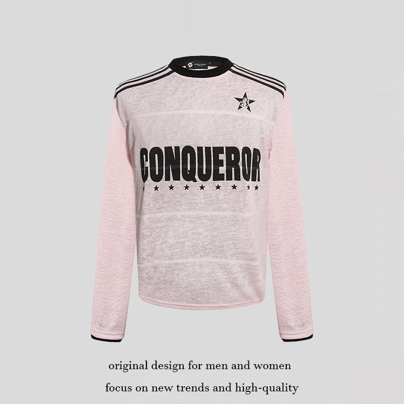 Women's long sleeve shirt with statement print, sport stripes and textured slub look Mune Fashion