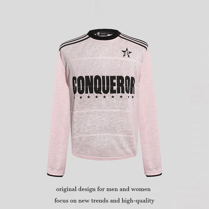 Women's long sleeve shirt with statement print, sport stripes and textured slub look Mune Fashion