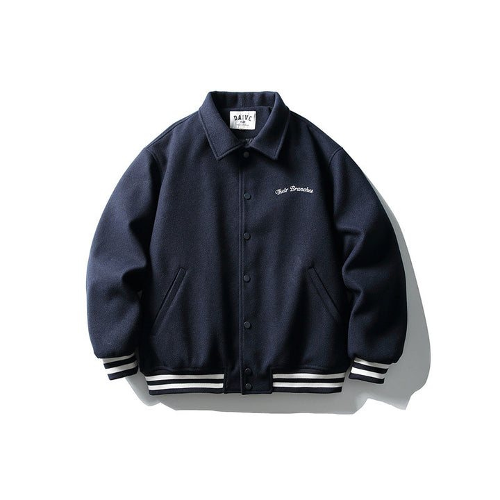 Men's Boxy College Blouson Jacket made of wool blend with snap button closure and striped ribbed cuffs Mune Fashion