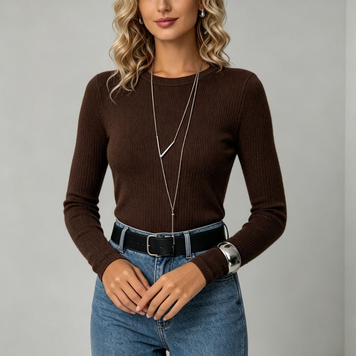 Women's Fitted Ribbed Knit Sweater with Round Neckline Mune Fashion