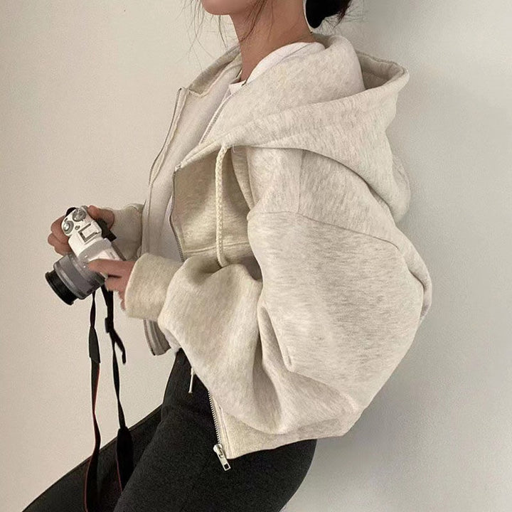 Women's oversized cropped hoodie jacket with zipper and balloon sleeves Mune Fashion