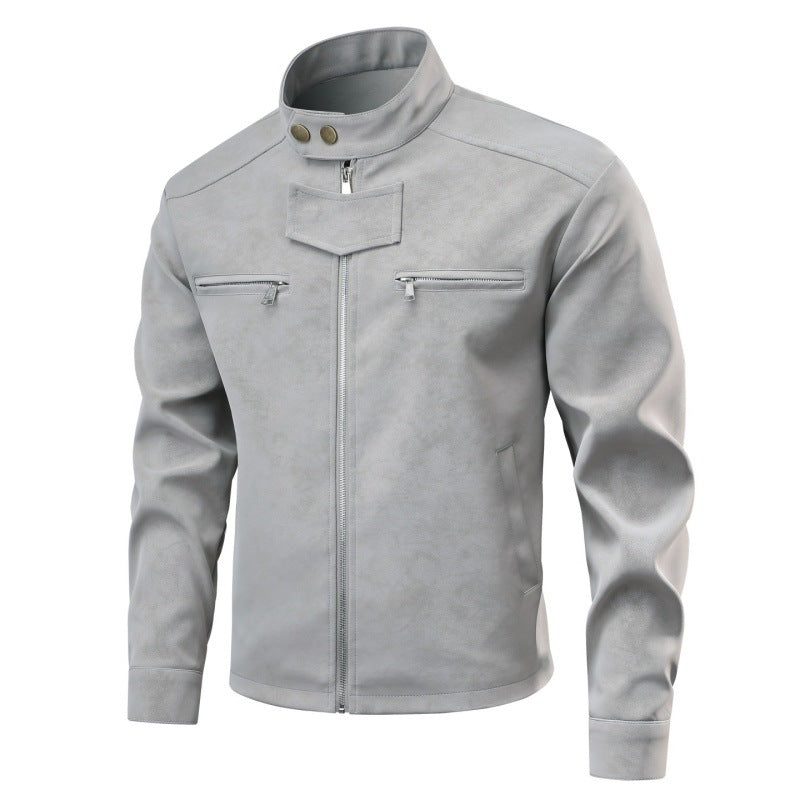 Men's suede leather look biker jacket with stand-up collar, chest zipper pockets & concealed snap button placket Mune Fashion