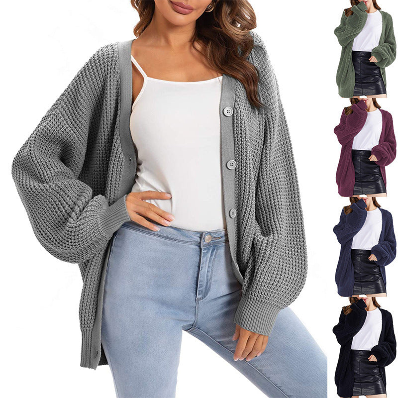 Women nan Oversize knit cardigan with balloon sleeves and generous button placket Mune Fashion