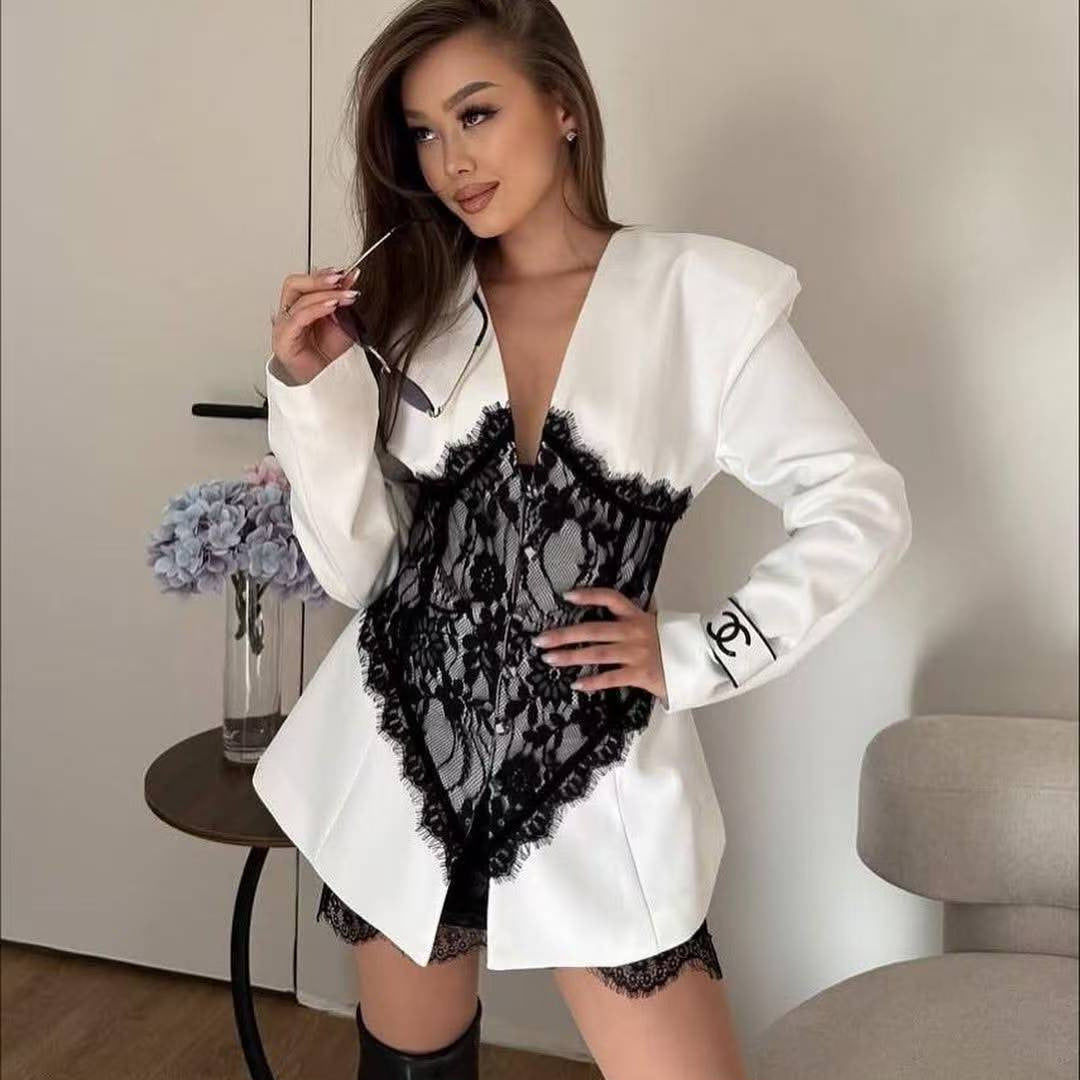 Women Tailored Blazer with Lace Corset Trim Mune Fashion