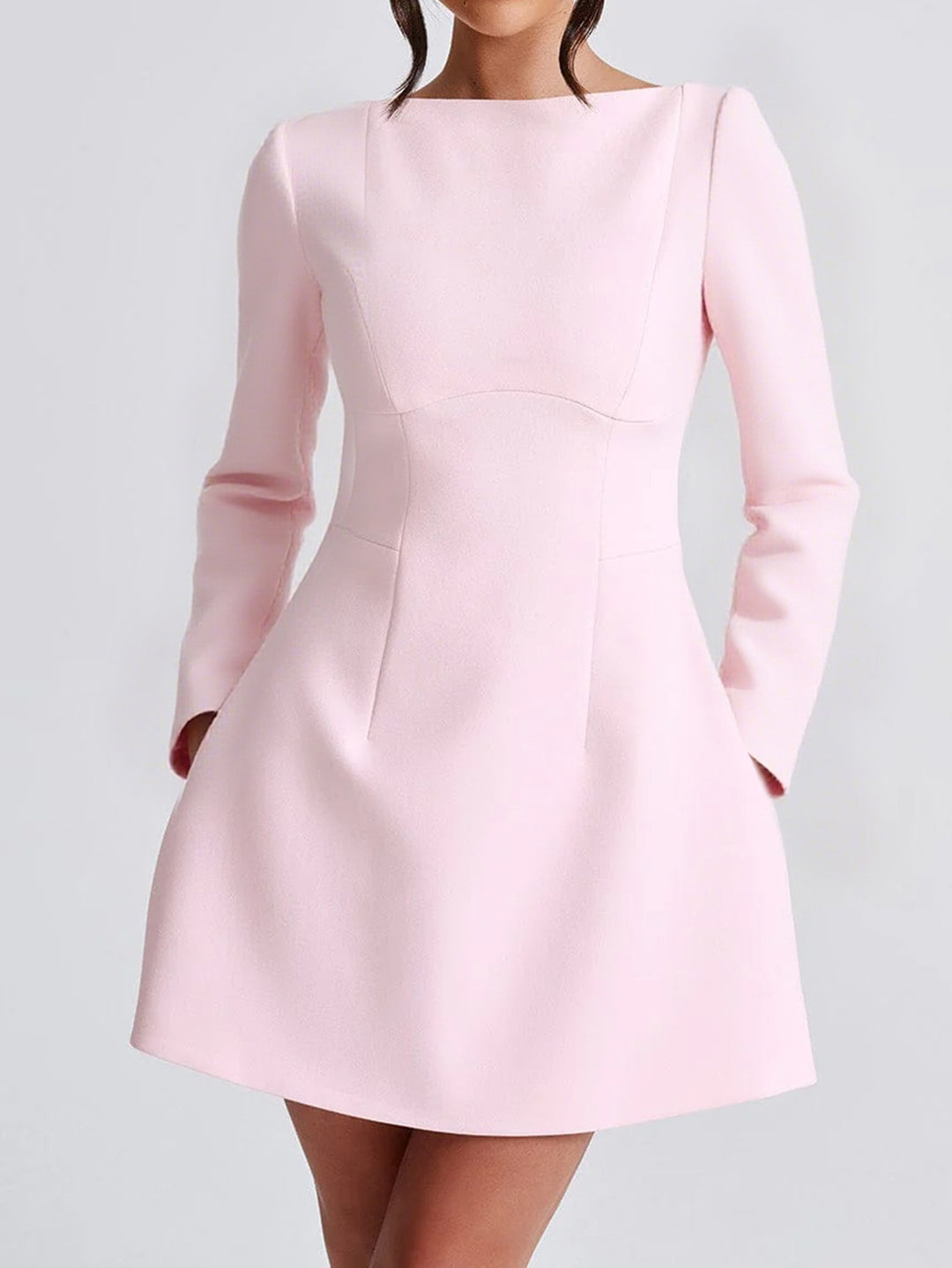 Women's fitted A-line dress with boat neckline, long sleeves and discreet side pockets Mune Fashion
