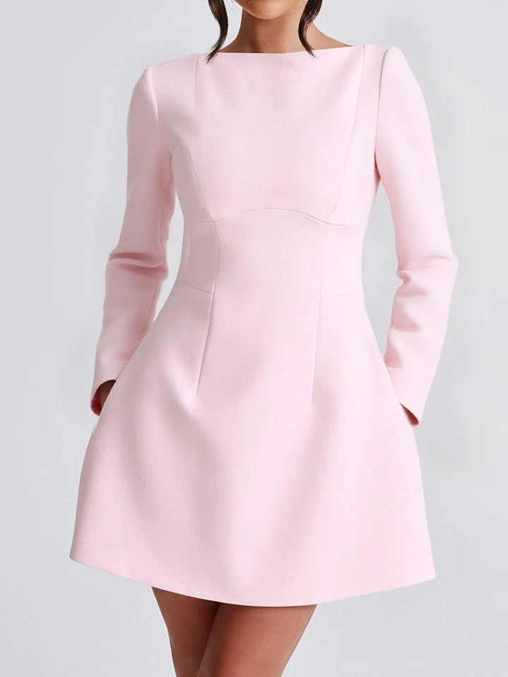 Women's fitted A-line dress with boat neckline, long sleeves and discreet side pockets Mune Fashion