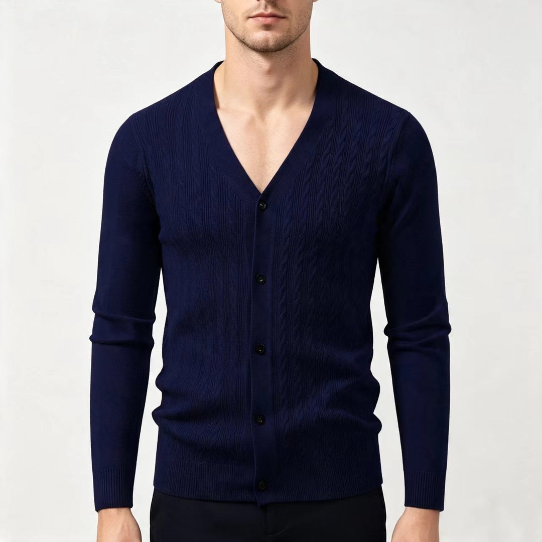 Men's fine knit cardigan with cable pattern, V-neck and button placket Mune Fashion