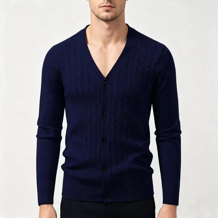 Men's fine knit cardigan with cable pattern, V-neck and button placket Mune Fashion