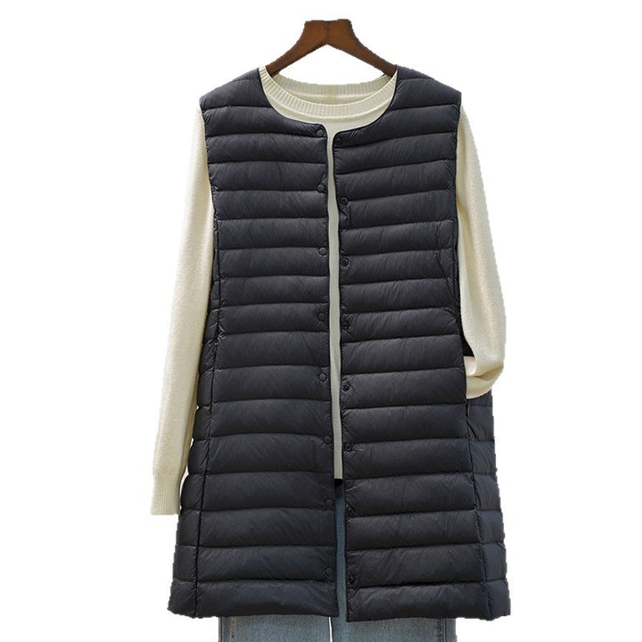 Women's long ultra-lightweight quilted vest with round neckline and snap button closure Mune Fashion