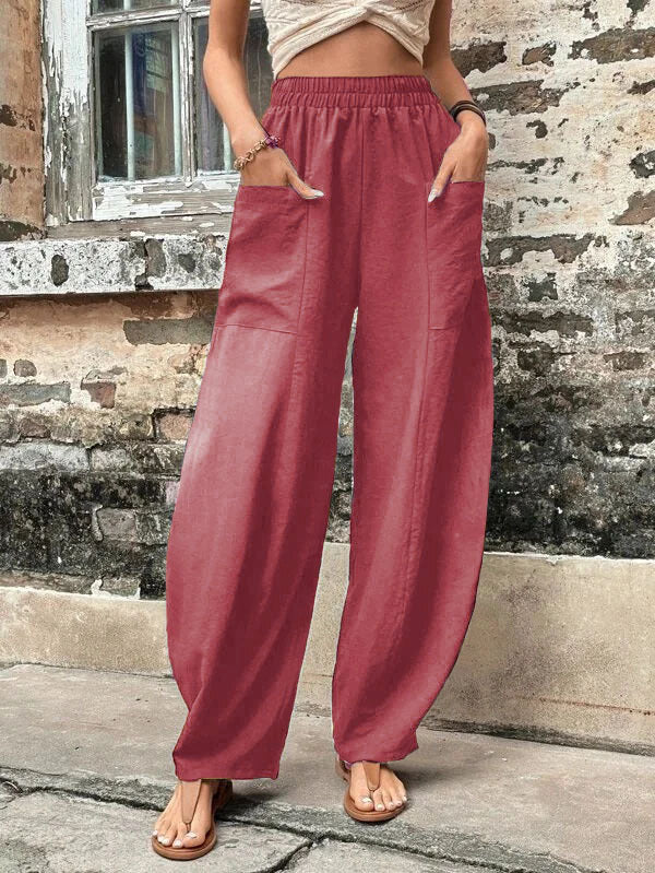 Women Wide Linen Trousers with Elastic Waistband, Patch Pockets and Casual Harem Cut Mune Fashion