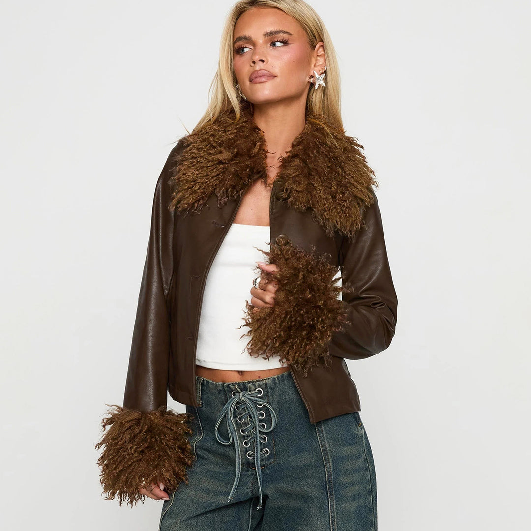 Women's short faux leather jacket with voluminous fur collar and fur cuffs Mune Fashion