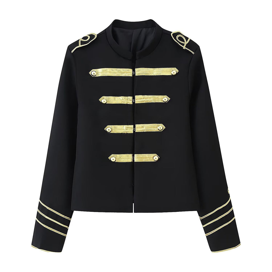 Ladies Cropped Military Jacket with Gold Embroidered Galloons and Stand-up Collar Mune Fashion