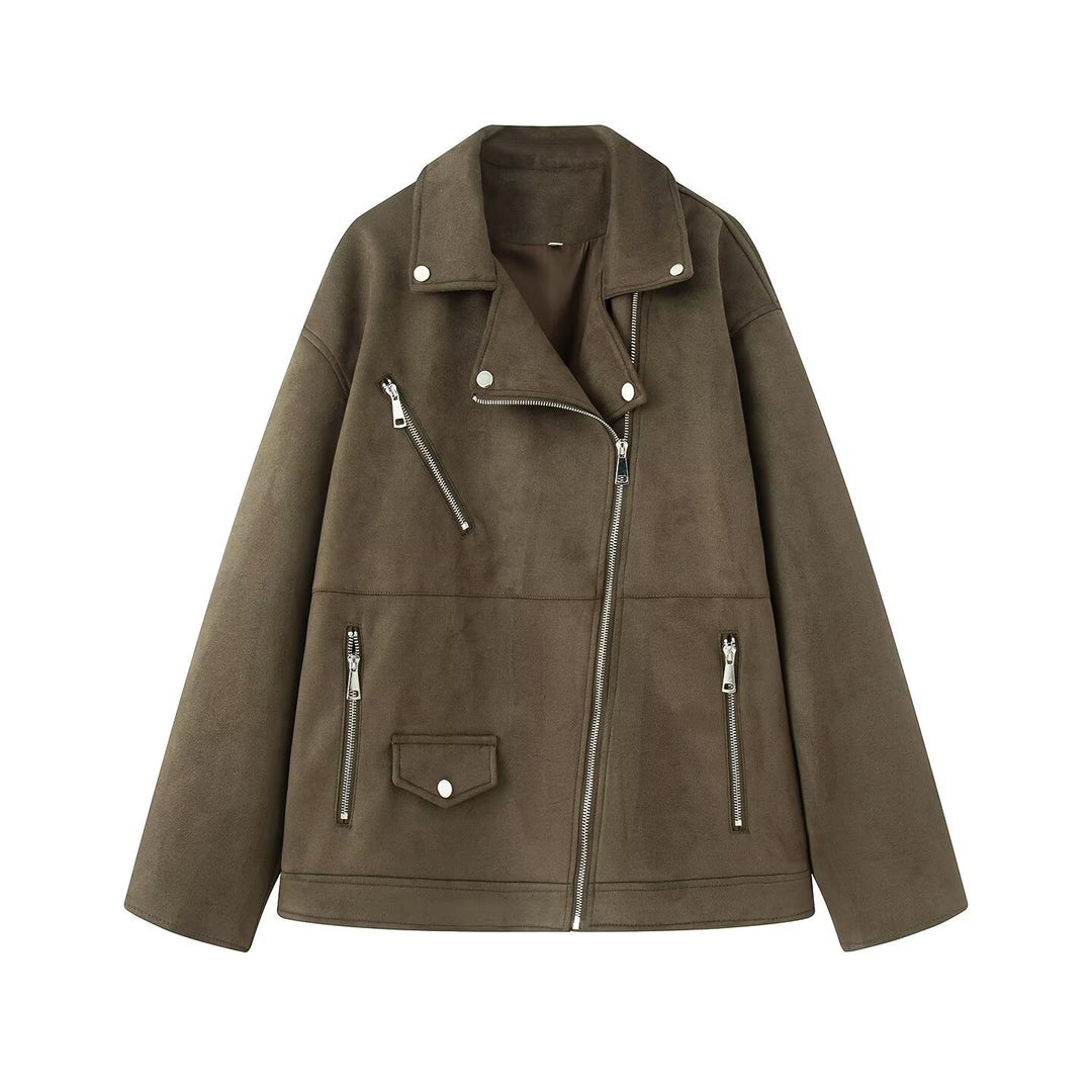 Women's oversized biker jacket in suede look with asymmetric zipper Mune Fashion