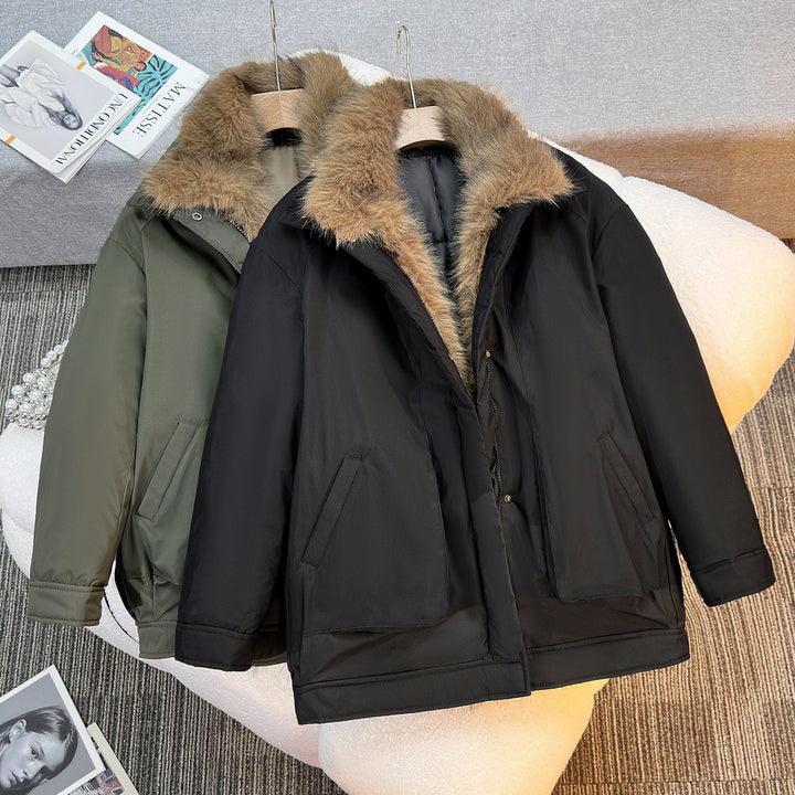 Women's mid-length windproof winter parka with detachable faux fur collar, padded inner flap and asymmetrical hem Mune Fashion