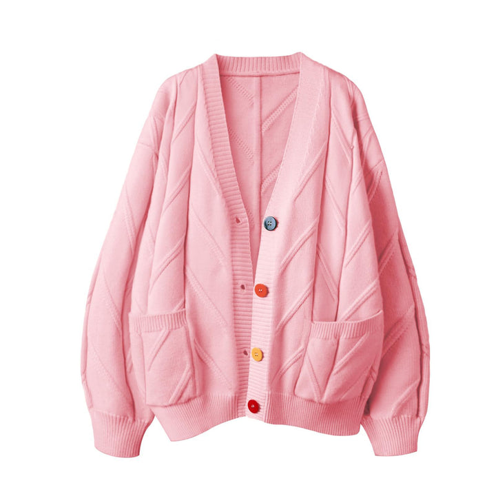 Women's Stylish Knitted Cardigan with Colorful Buttons and Elaborate Design