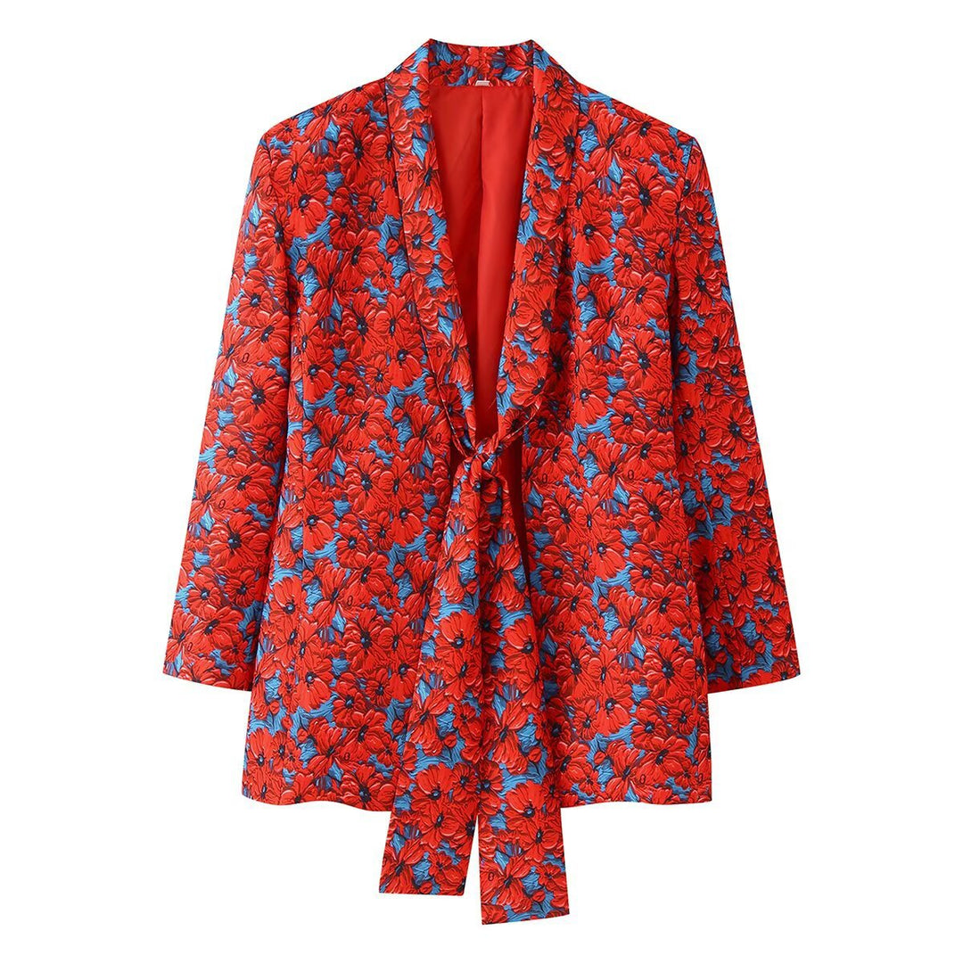 Women Two-Piece Set Shawl Collar Blazer with Knot Front and Flared High-Waist Pants Mune Fashion