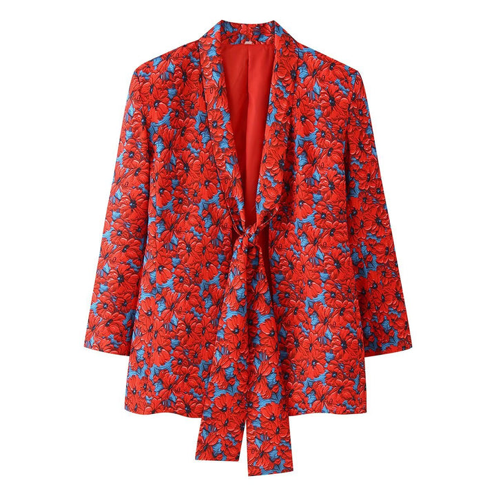 Women Two-Piece Set Shawl Collar Blazer with Knot Front and Flared High-Waist Pants Mune Fashion
