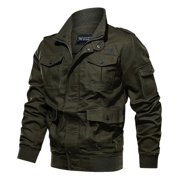 Men's robust canvas aviator jacket in utility field style with shoulder patches and multiple pockets Mune Fashion