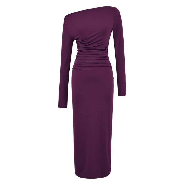 Women One-Shoulder Midi Dress with Long Sleeve and Side Gathering Mune Fashion
