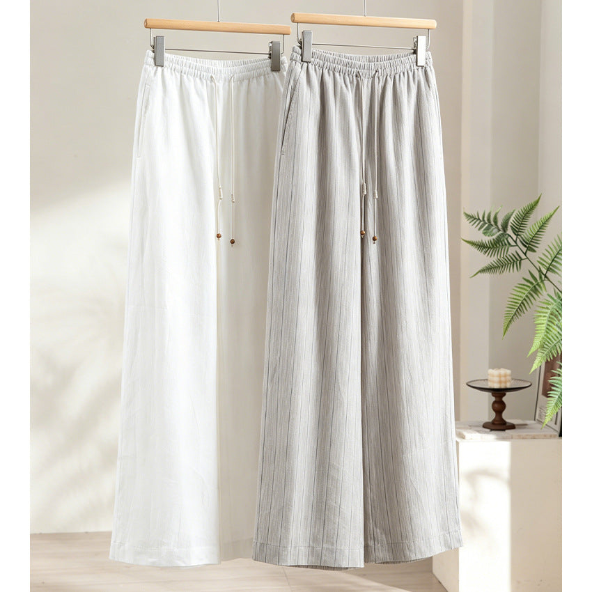 Women's Wide Linen Look Pants with Elastic Waistband, Drawstring and Fine Pinstripe Structure Mune Fashion