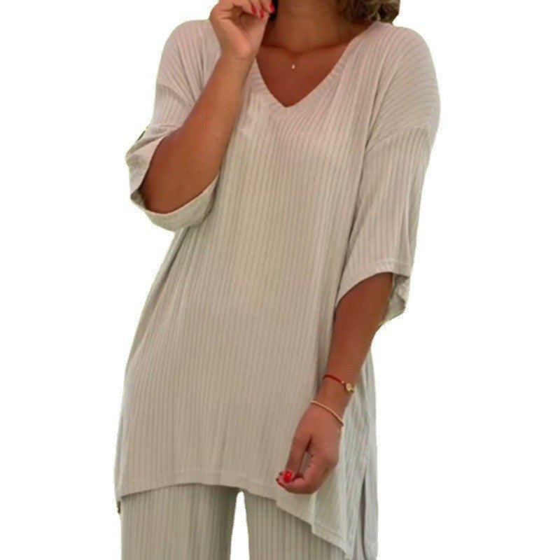 Women's two-piece travel and loungewear set made of soft ribbed jersey with a longline tunic and palazzo pants Mune Fashion