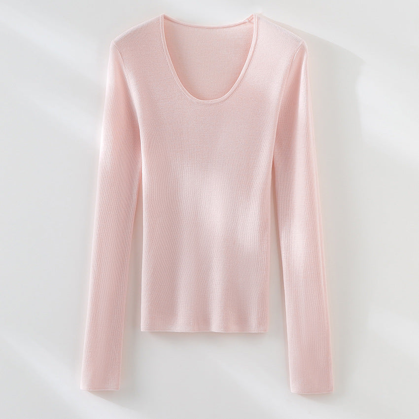 Women's fine knit long sleeve shirt with deep boat neckline and fine rib structure Mune Fashion