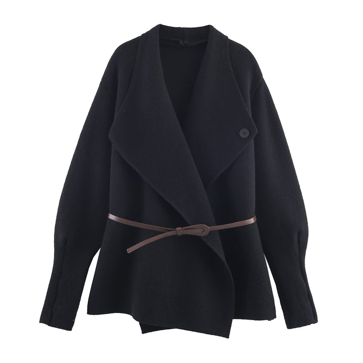 Women's Short Cut Wool Blend Cardigan Coat with Wide Shawl Collar and Narrow Tie Belt Mune Fashion