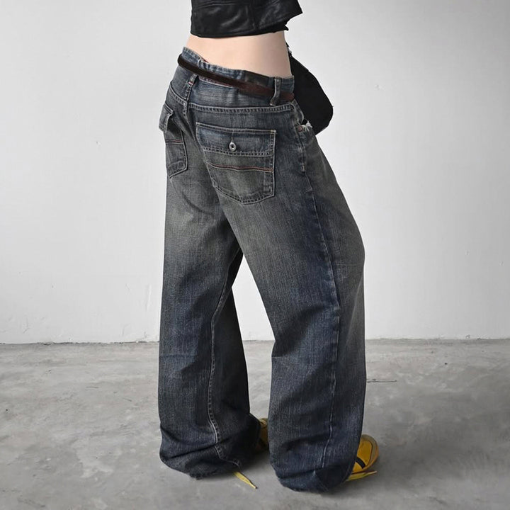 Women High-Waist Jeans with Wide Leg and Gradient Wash Mune Fashion