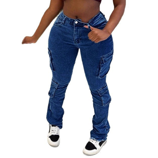Ladies High-Waisted Cargo Jeans with Multiple Flap Pockets & Flared Hem Mune Fashion