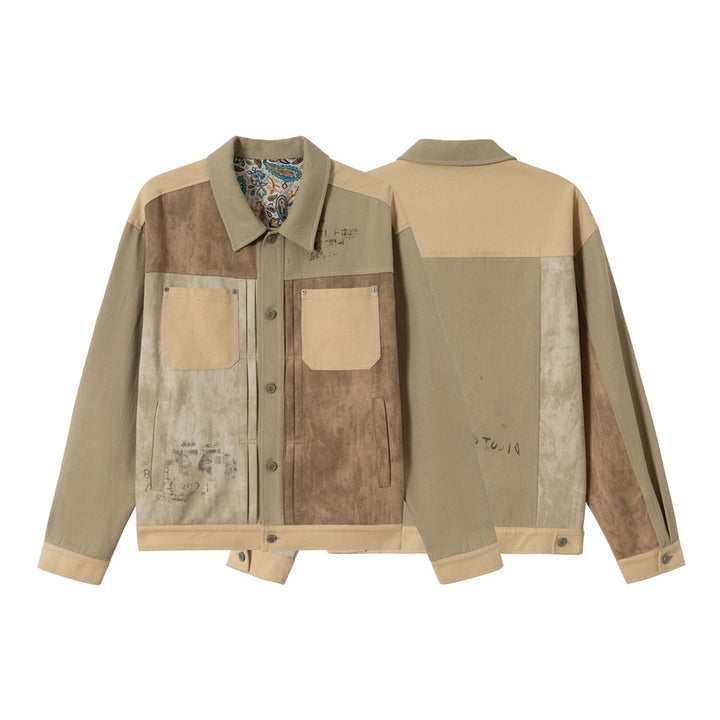 Men's Patchwork Canvas Blouson Jacket in Vintage Look with Contrast Pockets and Paisley Lining Mune Fashion
