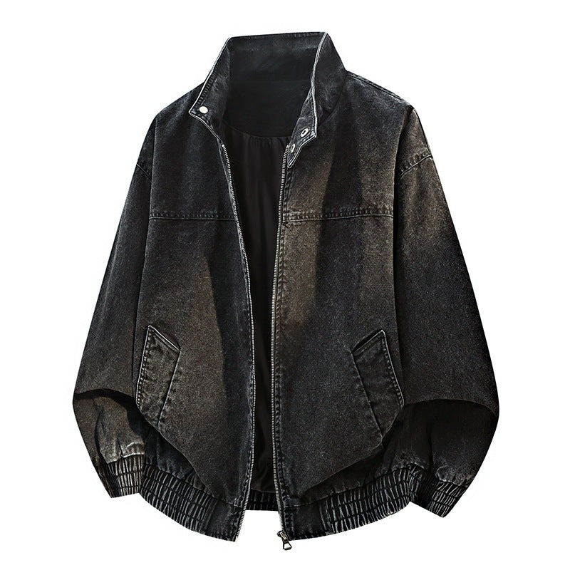 Men's Oversized Bomber Jacket in Used Effect with Stand-Up Collar, Elastic Band and Flap Pockets Mune Fashion