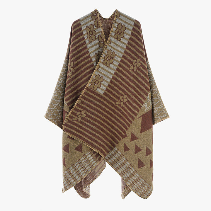 Women Versatile Knit Poncho in Patchwork Jacquard with V-Neck and Asymmetrical Points Hem Mune Fashion