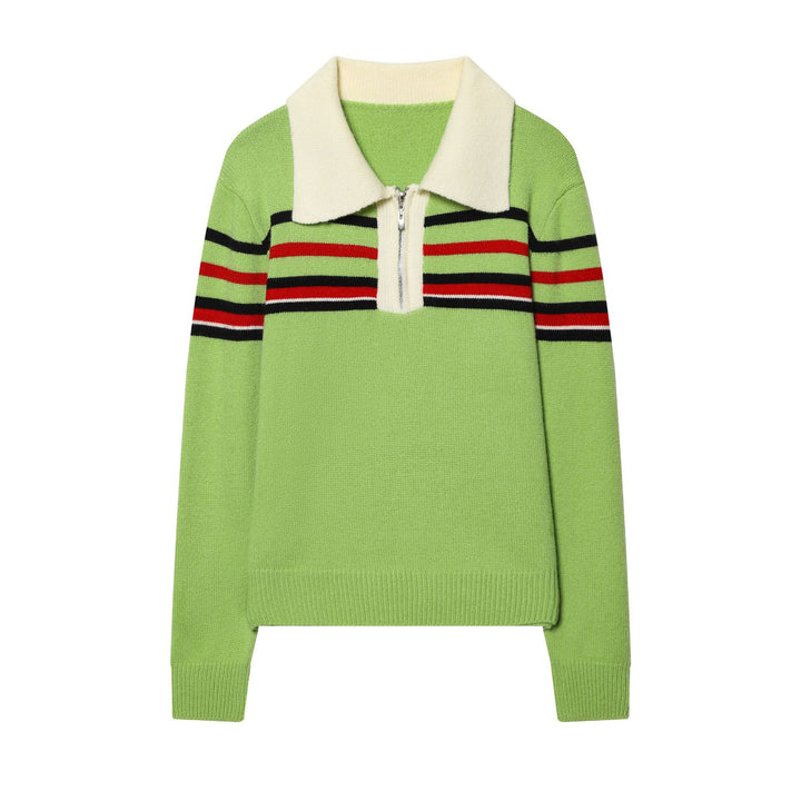 Women's ribbed knit pullover with half zip, large contrast collar, and striped chest area Mune Fashion