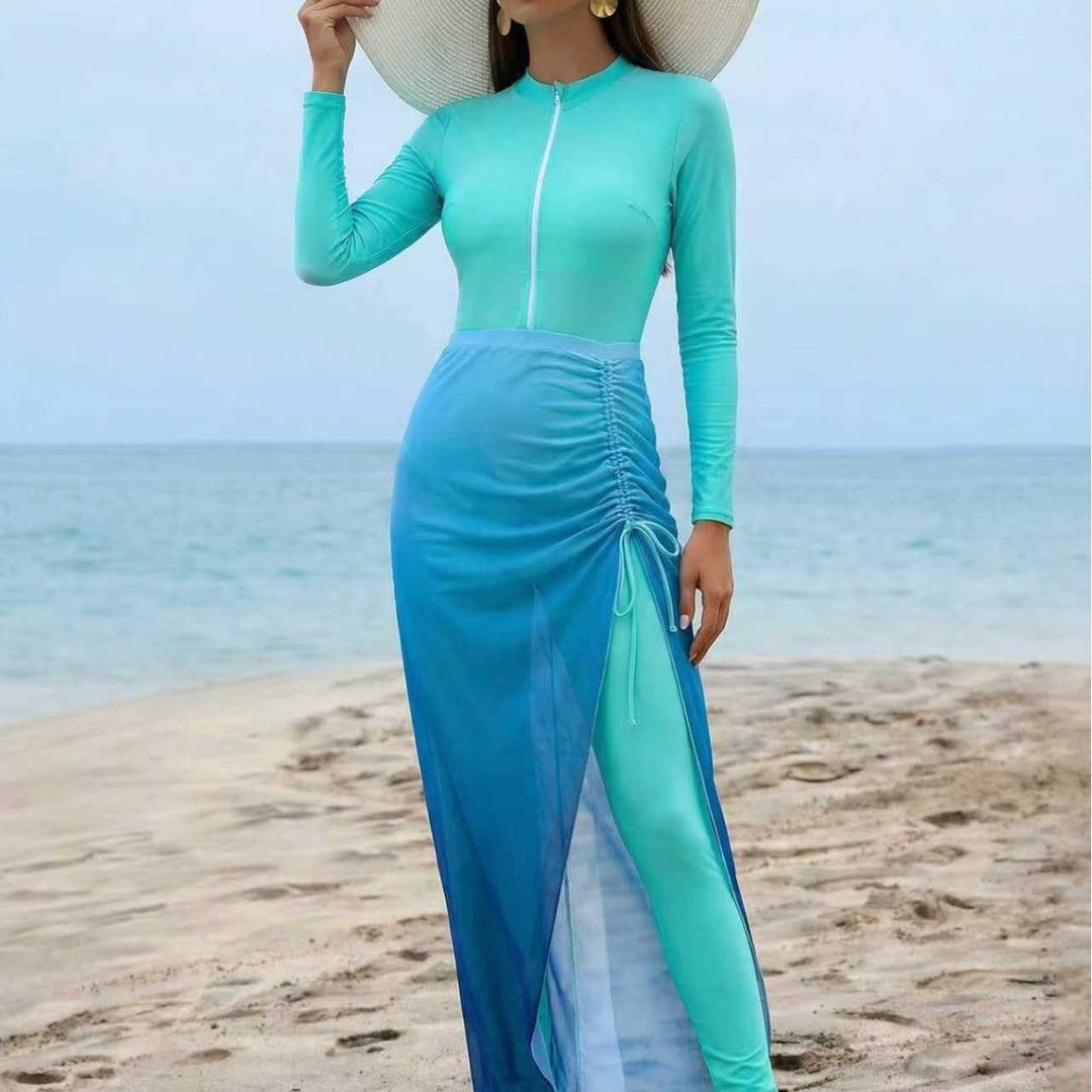 Ladies stylish long sleeve swimsuit with asymmetric skirt Mune Fashion