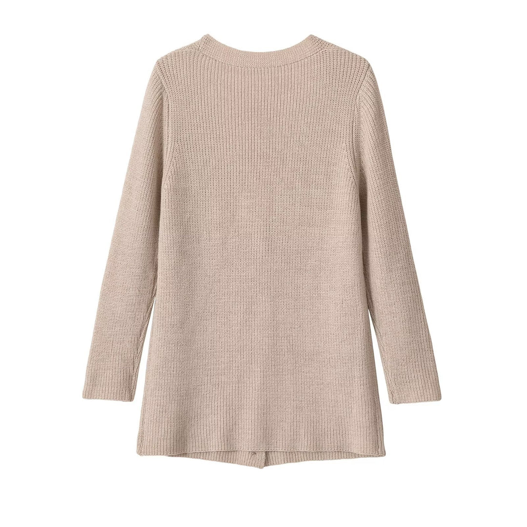 Women Longline Knit Cardigan with V-Neck and Wooden Buttons Drune