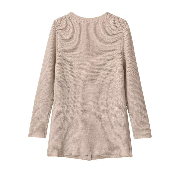 Women Longline Knit Cardigan with V-Neck and Wooden Buttons Drune