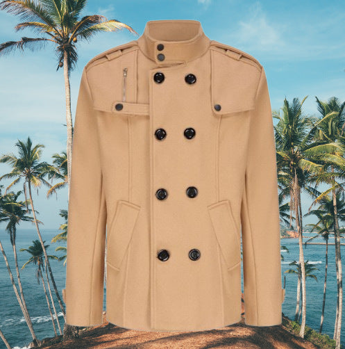Men's Double-Breasted Peacoat with Stand Collar, Shoulder Straps, and Tailored Silhouette Mune Fashion