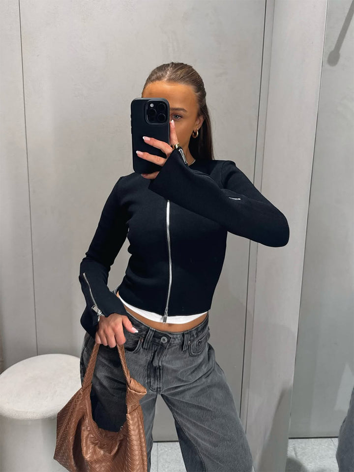 Ladies Tailored Cropped Cardigan with Full Metal Zipper and Extended Cuff Zippers Mune Fashion