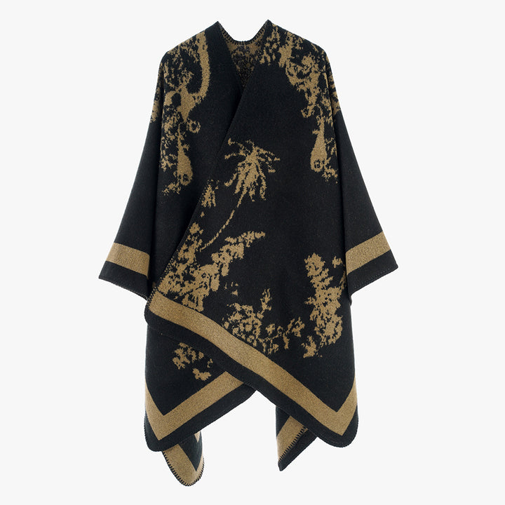 Women's Oversize Jacquard Cape made of wool blend with abstract floral pattern Mune Fashion