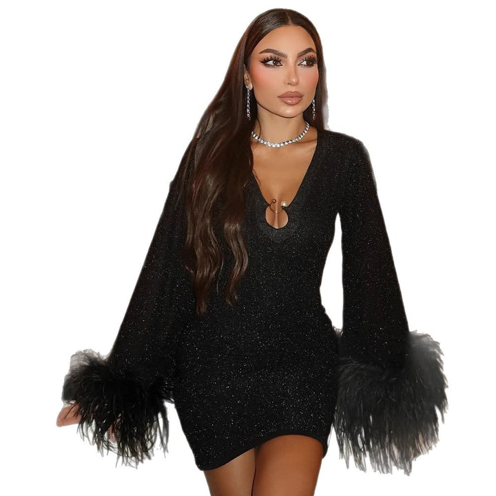 Women Glittering Mini Party and Cocktail Dress with V-Neck, Long Sleeves and Feather Cuffs Mune Fashion