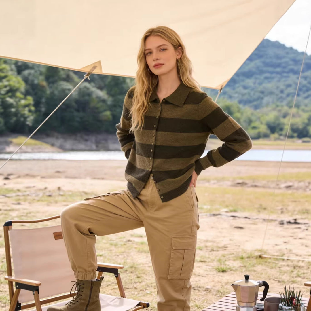 Women's Striped Cardigan with Polo Collar and Button Placket Mune Fashion